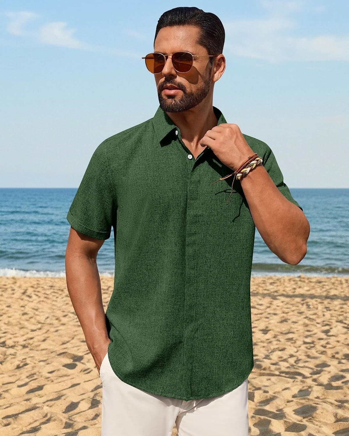 image:imageMens Linen Shirt Short Sleeve Button Down Shirt Summer Casual Beach Tops Lightweight Breathable Shrinkresistant Linen Texture Relaxed Fit Button Up for Vacation Wedding Work Office Date DailyDark Green