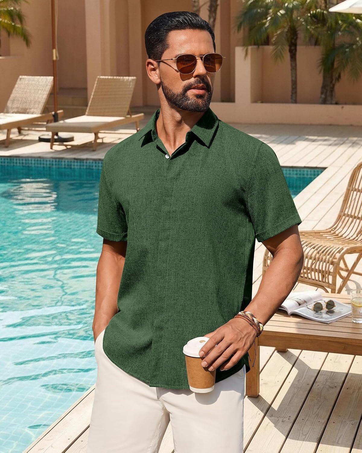 image:imageMens Linen Shirt Short Sleeve Button Down Shirt Summer Casual Beach Tops Lightweight Breathable Shrinkresistant Linen Texture Relaxed Fit Button Up for Vacation Wedding Work Office Date DailyDark Green