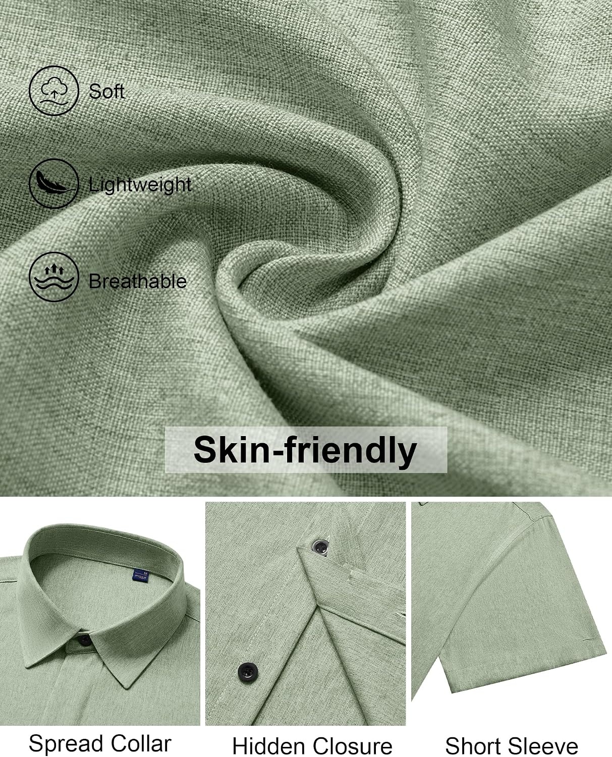image:imageMens Linen Shirt Short Sleeve Button Down Shirt Summer Casual Beach Tops Lightweight Breathable Shrinkresistant Linen Texture Relaxed Fit Button Up for Vacation Wedding Work Office Date DailyGreen