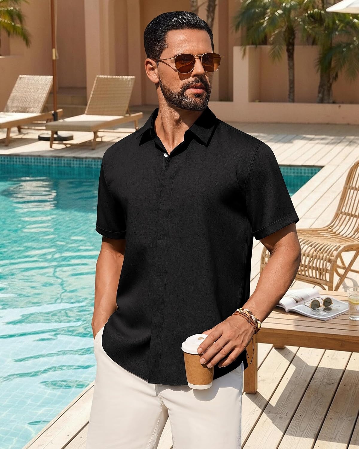 image:imageMens Linen Shirt Short Sleeve Button Down Shirt Summer Casual Beach Tops Lightweight Breathable Shrinkresistant Linen Texture Relaxed Fit Button Up for Vacation Wedding Work Office Date DailyBlack