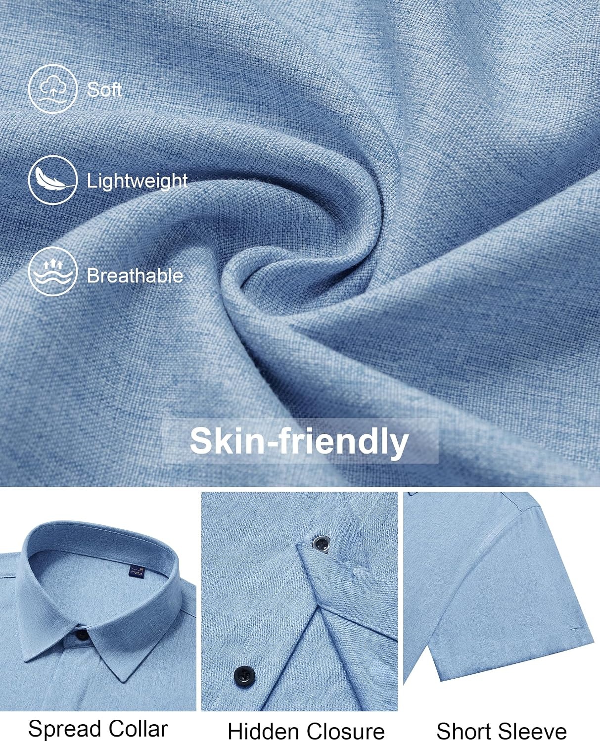 image:imageMens Linen Shirt Short Sleeve Button Down Shirt Summer Casual Beach Tops Lightweight Breathable Shrinkresistant Linen Texture Relaxed Fit Button Up for Vacation Wedding Work Office Date DailyLight Blue