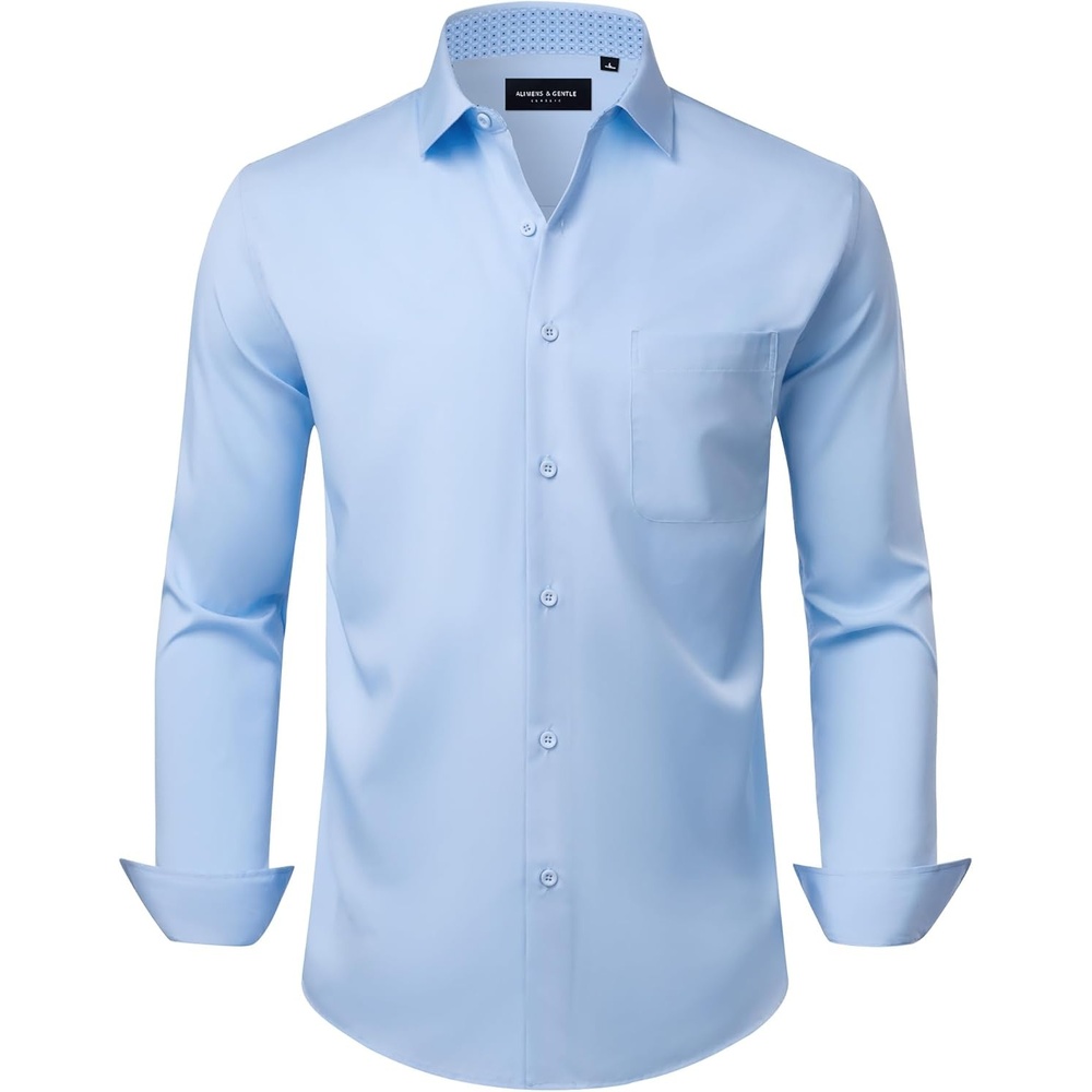 image:imageAlimens amp Gentle Light Blue Dress Shirt for Men Wrinkle Free Regular Fit  Button Down ShirtGraduationChurchStretchPromPolyesterPlaid CollarBreathableWeddingSemi FormalCasualOfficeConcert