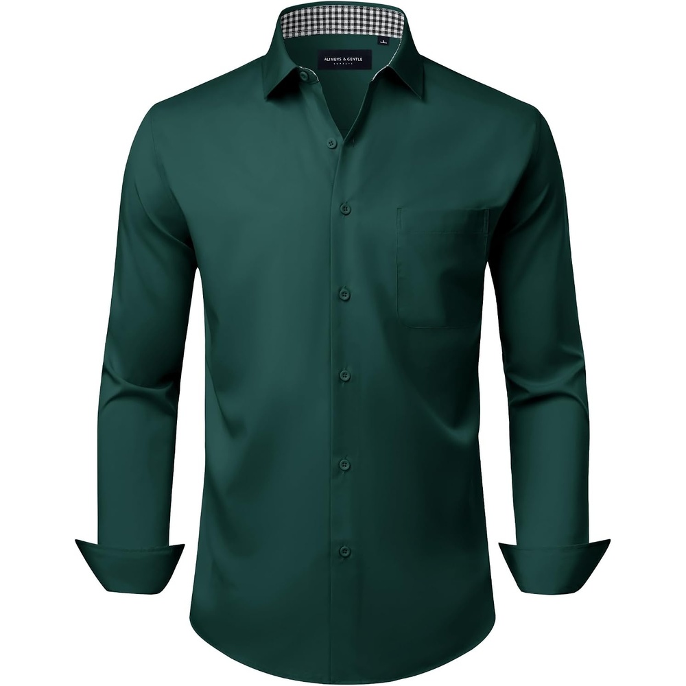 image:imageAlimens amp Gentle Mens Dress Shirts Green Wrinkle Resistant Regular Fit  ClubPolyesterButton Down ShirtPlaid CollarPocketNo IronBreathableWeddingSemi FormalCasualOfficeGraduationConcert