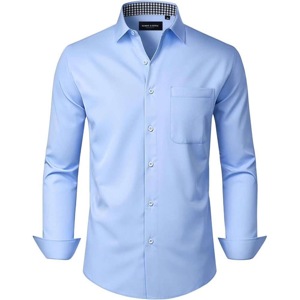 image:imageAlimens amp Gentle Mens Dress Shirts Long Sleeve Stretch Button Down Shirt BreathableGraduationSemi FormalWrinkle FreeStretchPolyesterPlaid CollarPocketNo IronChurchWeddingPromWorkCasual