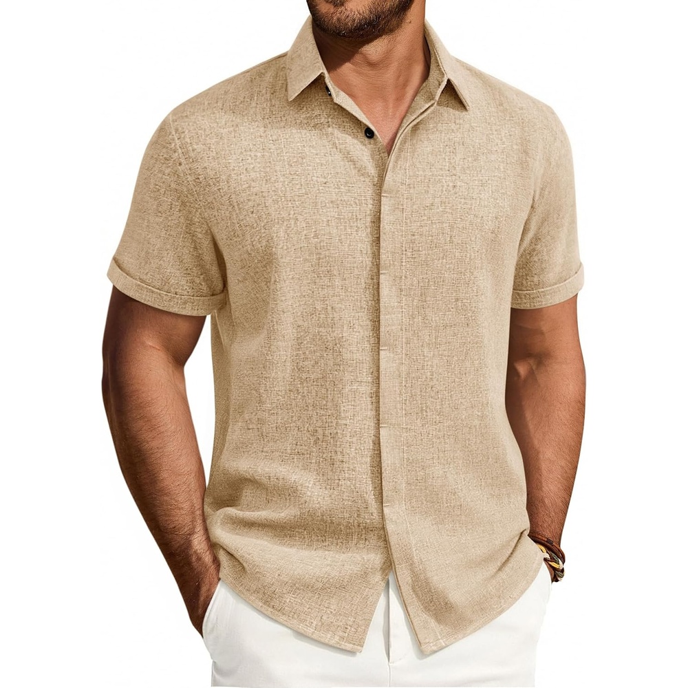 image:imageMens Linen Shirt Short Sleeve Button Down Shirt Summer Casual Beach Tops Lightweight Breathable Shrinkresistant Linen Texture Relaxed Fit Button Up for Vacation Wedding Work Office Date DailyTan