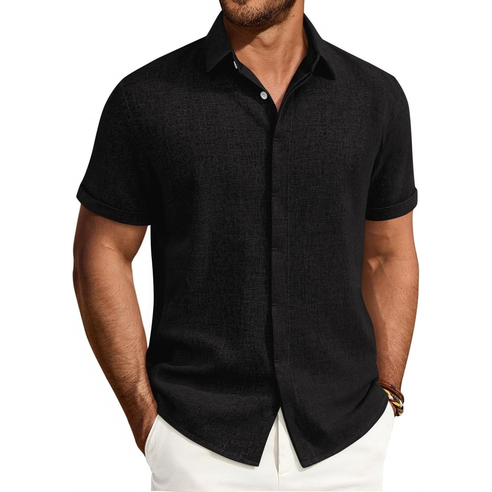 image:imageMens Linen Shirt Short Sleeve Button Down Shirt Summer Casual Beach Tops Lightweight Breathable Shrinkresistant Linen Texture Relaxed Fit Button Up for Vacation Wedding Work Office Date DailyBlack
