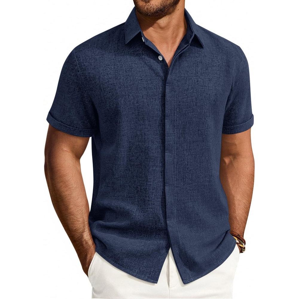 image:imageMens Linen Shirt Short Sleeve Button Down Shirt Summer Casual Beach Tops  Lightweight Breathable Shrinkresistant Linen Texture Relaxed Fit Button Up for Vacation Wedding Work Office Date DailyNavy Blue