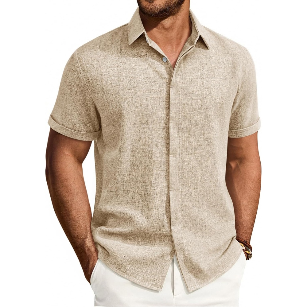 image:imageMens Linen Shirt Short Sleeve Button Down Shirt Summer Casual Beach Tops  Lightweight Breathable Shrinkresistant Linen Texture Relaxed Fit Button Up for Vacation Wedding Work Office Date DailyStone
