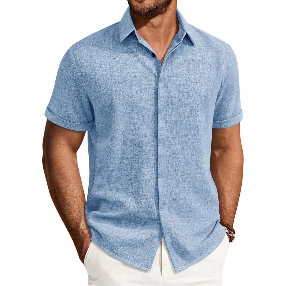 image:imageMens Linen Shirt Short Sleeve Button Down Shirt Summer Casual Beach Tops Lightweight Breathable Shrinkresistant Linen Texture Relaxed Fit Button Up for Vacation Wedding Work Office Date DailyLight Blue