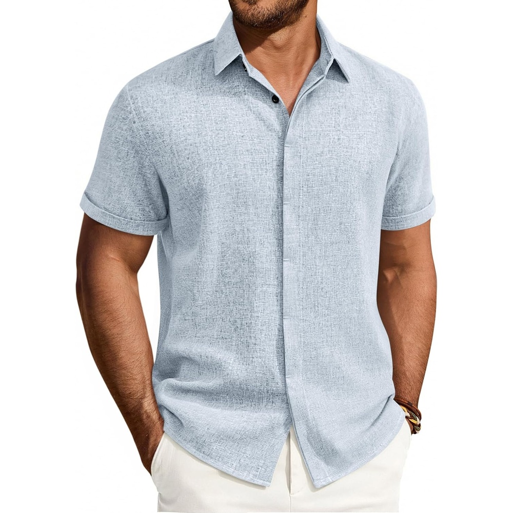 image:imageMens Linen Shirt Short Sleeve Button Down Shirt Summer Casual Beach Tops  Lightweight Breathable Shrinkresistant Linen Texture Relaxed Fit Button Up for Vacation Wedding Work Office Date DailySky Blue