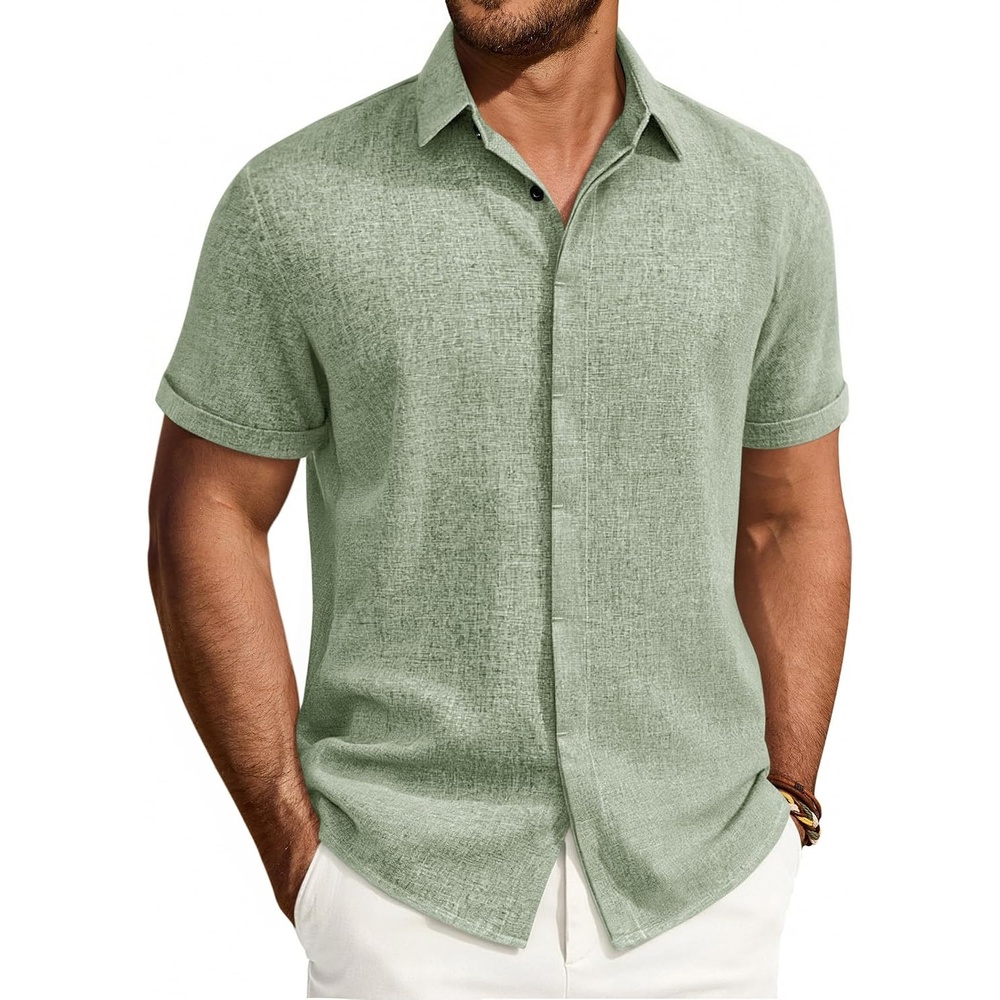 image:imageMens Linen Shirt Short Sleeve Button Down Shirt Summer Casual Beach Tops  Lightweight Breathable Shrinkresistant Linen Texture Relaxed Fit Button Up for Vacation Wedding Work Office Date DailyGreen