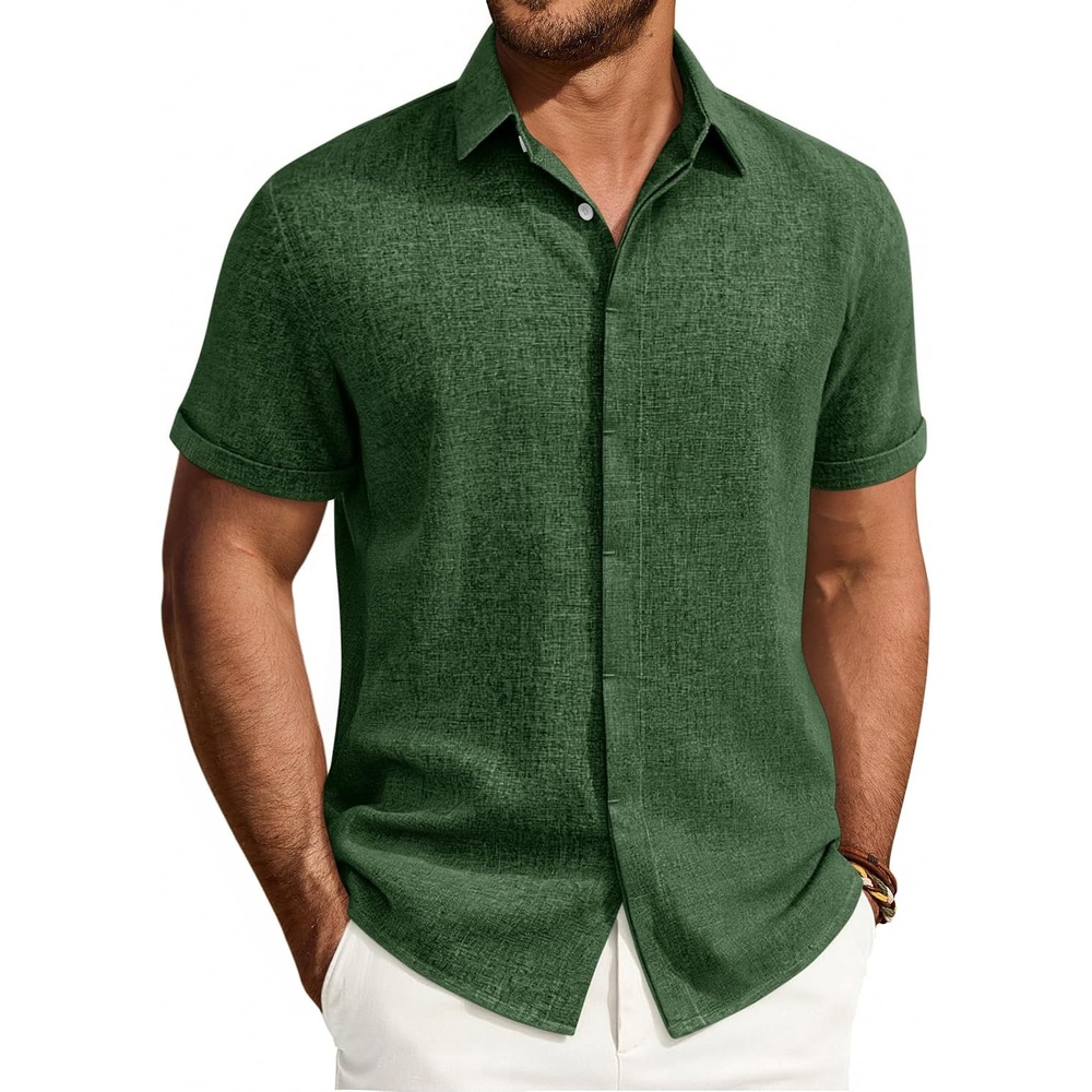 image:imageMens Linen Shirt Short Sleeve Button Down Shirt Summer Casual Beach Tops Lightweight Breathable Shrinkresistant Linen Texture Relaxed Fit Button Up for Vacation Wedding Work Office Date DailyDark Green