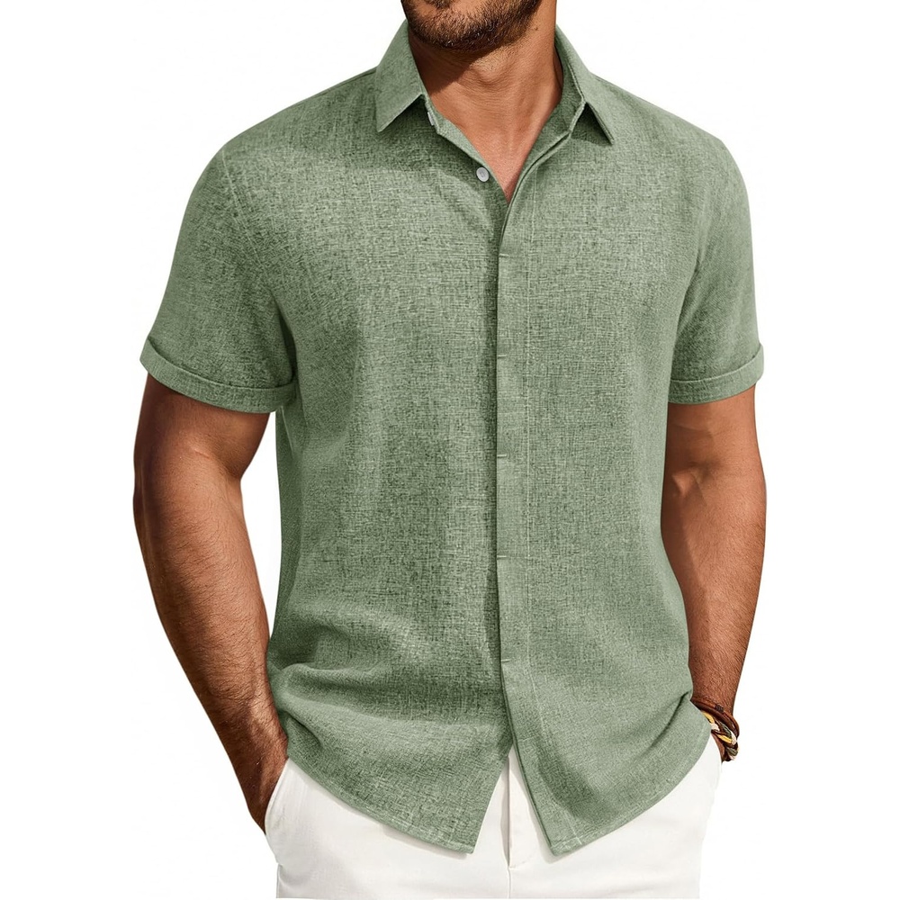 image:imageMens Linen Shirt Short Sleeve Button Down Shirt Summer Casual Beach Tops Lightweight Breathable Shrinkresistant Linen Texture Relaxed Fit Button Up for Vacation Wedding Work Office Date DailyOlive Green