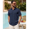 Mens Linen Shirt Short Sleeve Button Down Shirt Summer Casual Beach Tops | Lightweight Breathable, Shrink-resistant, Linen Texture, Relaxed Fit Button Up, for Vacation Wedding Work Office Date Daily(Navy Blue)