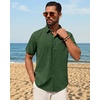 Mens Linen Shirt Short Sleeve Button Down Shirt Summer Casual Beach Tops | Lightweight Breathable, Shrink-resistant, Linen Texture, Relaxed Fit Button Up, for Vacation Wedding Work Office Date Daily(Dark Green)
