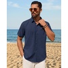 Mens Linen Shirt Short Sleeve Button Down Shirt Summer Casual Beach Tops | Lightweight Breathable, Shrink-resistant, Linen Texture, Relaxed Fit Button Up, for Vacation Wedding Work Office Date Daily(Navy Blue)