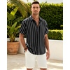 Mens Linen Shirt Striped Short Sleeve Button Down Summer Beach Shirt | linen, wrinkle free, breathable, lightweight, shrink resistant, striped, vintage, summer, travel, wedding, party, business(Black)