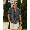 Mens Linen Shirt Striped Short Sleeve Button Down Summer Beach Shirt | linen, wrinkle free, breathable, lightweight, shrink resistant, striped, vintage, summer, travel, wedding, party, business(Navy Blue)