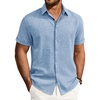 Mens Linen Shirt Short Sleeve Button Down Shirt Summer Casual Beach Tops | Lightweight Breathable, Shrink-resistant, Linen Texture, Relaxed Fit Button Up, for Vacation Wedding Work Office Date Daily(Light Blue)