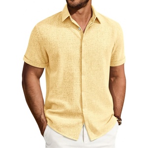 Mens Linen Shirt Short Sleeve Button Down Shirt Summer Casual Beach Tops | Lightweight Breathable, Shrink-resistant, Linen Texture, Relaxed Fit Button Up, for Vacation Wedding Work Office Date Daily(Yellow)