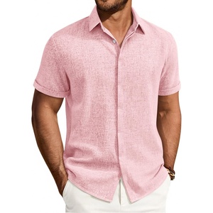 Mens Linen Shirt Short Sleeve Button Down Shirt Summer Casual Beach Tops | Lightweight Breathable, Shrink-resistant, Linen Texture, Relaxed Fit Button Up, for Vacation Wedding Work Office Date Daily(Pink)