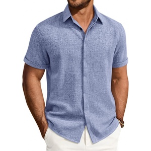 Mens Linen Shirt Short Sleeve Button Down Shirt Summer Casual Beach Tops | Lightweight Breathable, Shrink-resistant, Linen Texture, Relaxed Fit Button Up, for Vacation Wedding Work Office Date Daily(Blue)