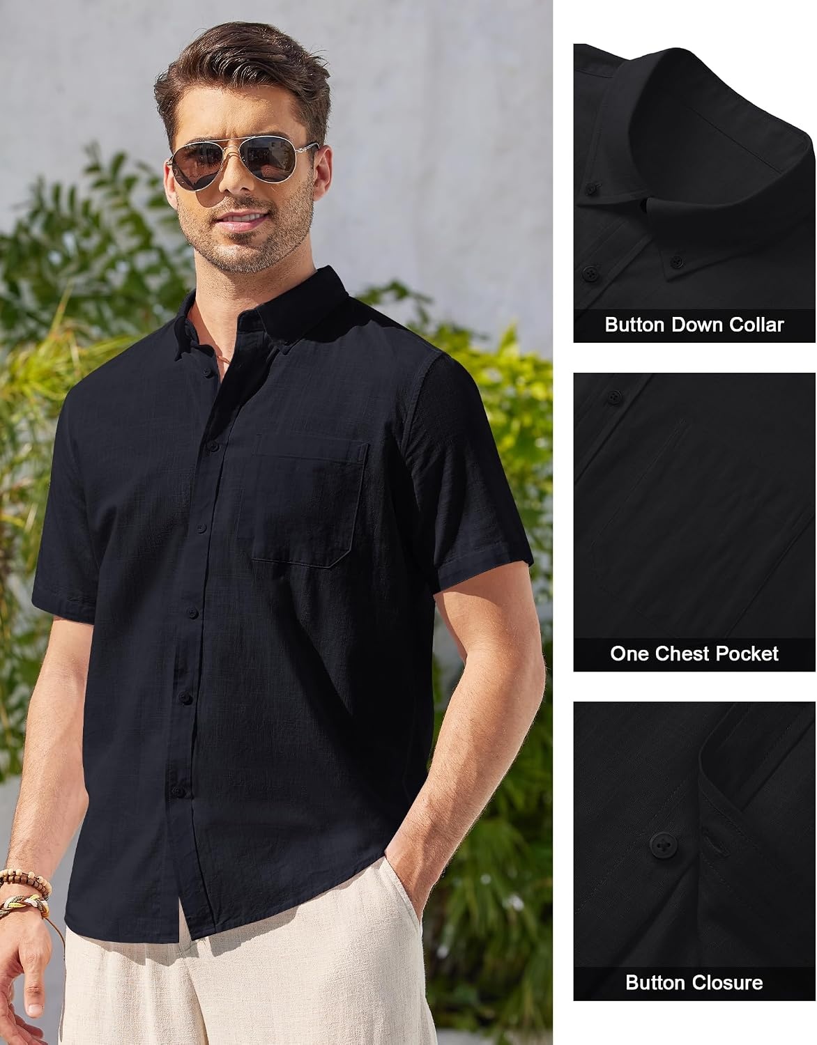 image:imageAlimens amp Gentle Mens Linen Shirt Short Sleeve Casual Cotton Button Down Shirts Collared Summer ShirtsBlack