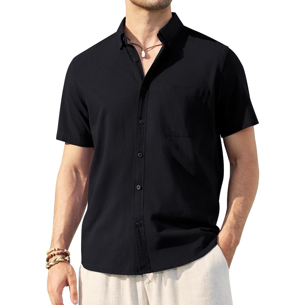 image:imageAlimens amp Gentle Mens Linen Shirt Short Sleeve Casual Cotton Button Down Shirts Collared Summer ShirtsBlack