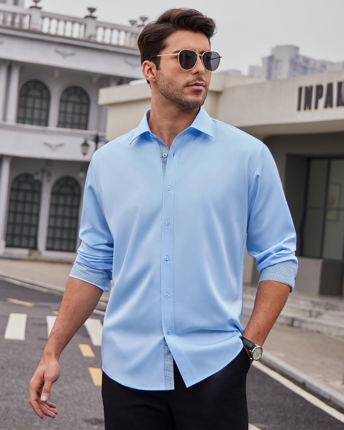 image:imageMens Dress Shirt Long Sleeve Wrinkle Free Button Down Shirt Business Casual No Iron Contrast Color Collar Cuffs Formal Casual Versatile Graduation Office Party Regular Fit Breathable No FadingBlue