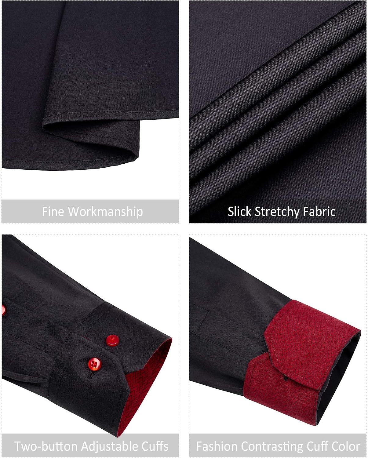 image:imageMens Dress Shirt Long Sleeve Wrinkle Free Button Down Shirt Business Casual No Iron Contrast Color Collar Cuffs Formal Casual Versatile Graduation Office Party Regular Fit Breathable No FadingBlack Red