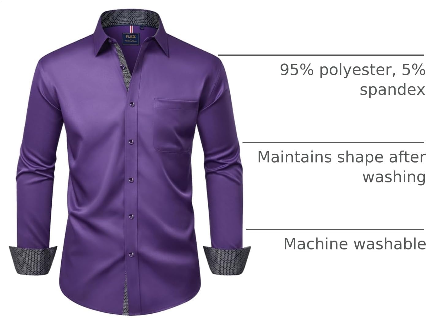 image:imageMens Dress Shirt Long Sleeve Wrinkle Free Button Down Shirt Business Casual No Iron Contrast Color Collar Cuffs Formal Casual Versatile Graduation Office Party Regular Fit Breathable No FadingPurple