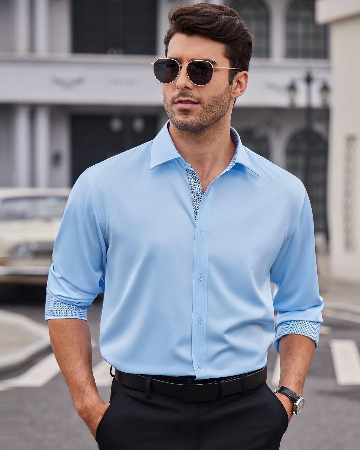 image:imageMens Dress Shirt Long Sleeve Wrinkle Free Button Down Shirt Business Casual No Iron Contrast Color Collar Cuffs Formal Casual Versatile Graduation Office Party Regular Fit Breathable No FadingBlue