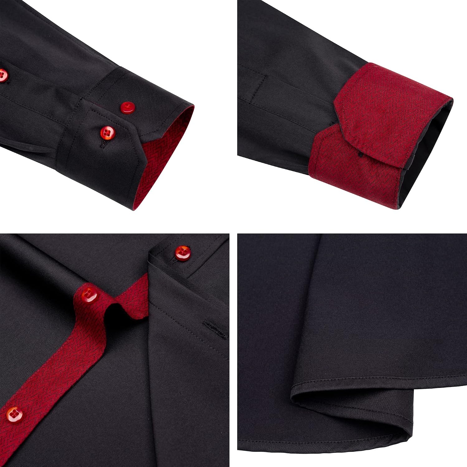 image:imageMens Dress Shirt Long Sleeve Wrinkle Free Button Down Shirt Business Casual No Iron Contrast Color Collar Cuffs Formal Casual Versatile Graduation Office Party Regular Fit Breathable No FadingBlack Red
