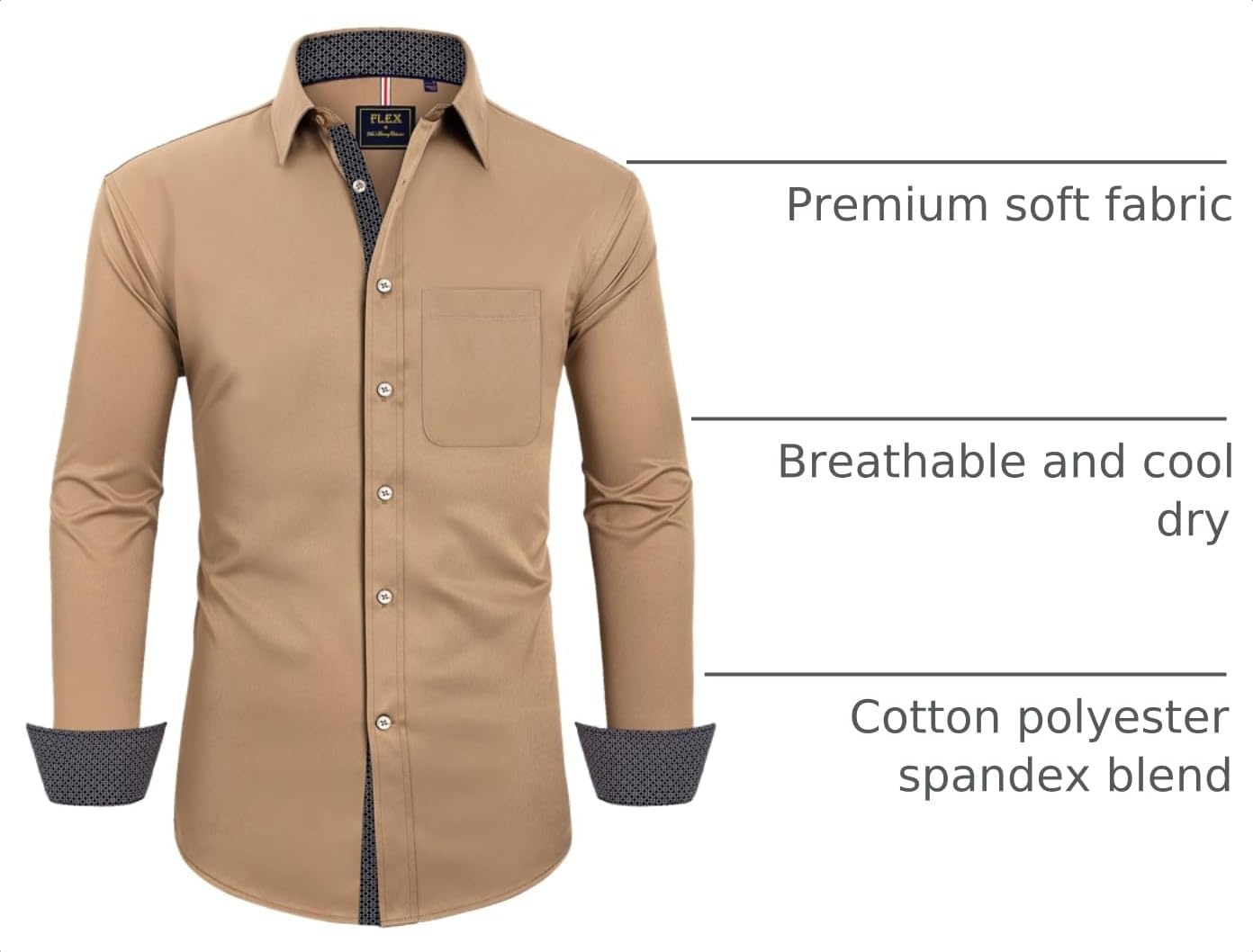 image:imageMens Dress Shirt Long Sleeve Wrinkle Free Button Down Shirt Business Casual No Iron Contrast Color Collar Cuffs Formal Casual Versatile Graduation Office Party Regular Fit Breathable No FadingCamel