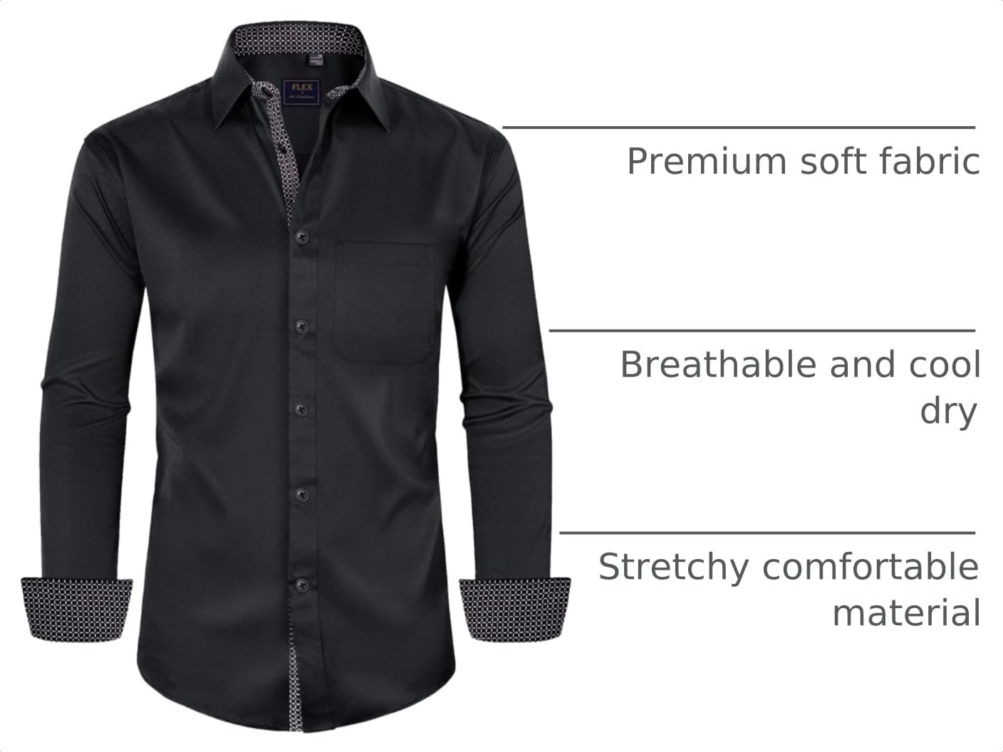 image:imageMens Dress Shirt Long Sleeve Wrinkle Free Button Down Shirt Business CasualBlack