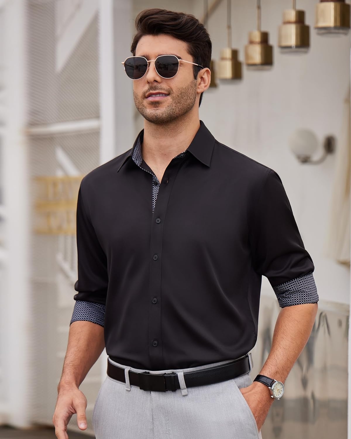 image:imageMens Dress Shirt Long Sleeve Wrinkle Free Button Down Shirt Business CasualBlack
