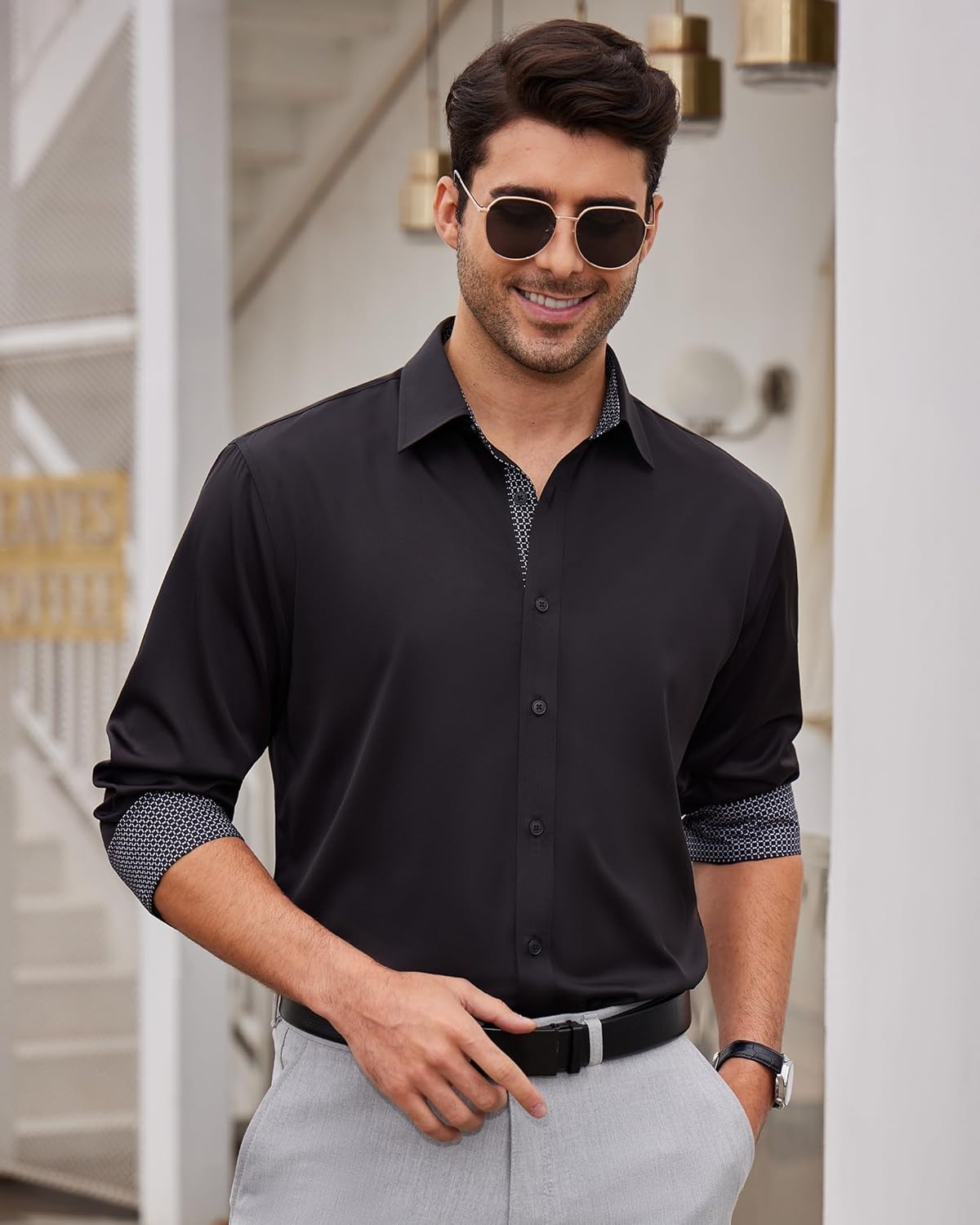 image:imageMens Dress Shirt Long Sleeve Wrinkle Free Button Down Shirt Business CasualBlack