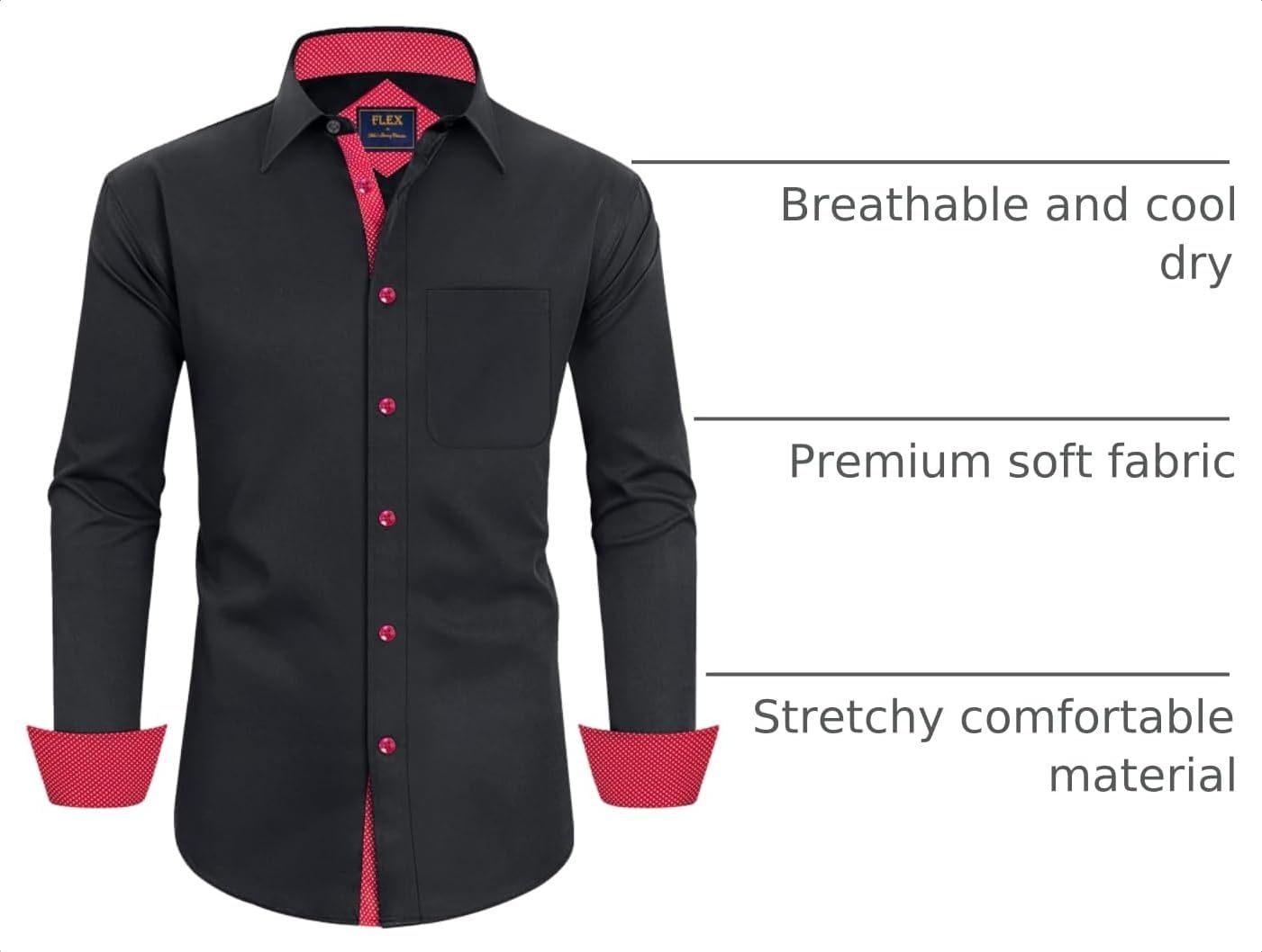 image:imageMens Dress Shirt Long Sleeve Wrinkle Free Button Down Shirt Business CasualFlex Black Red