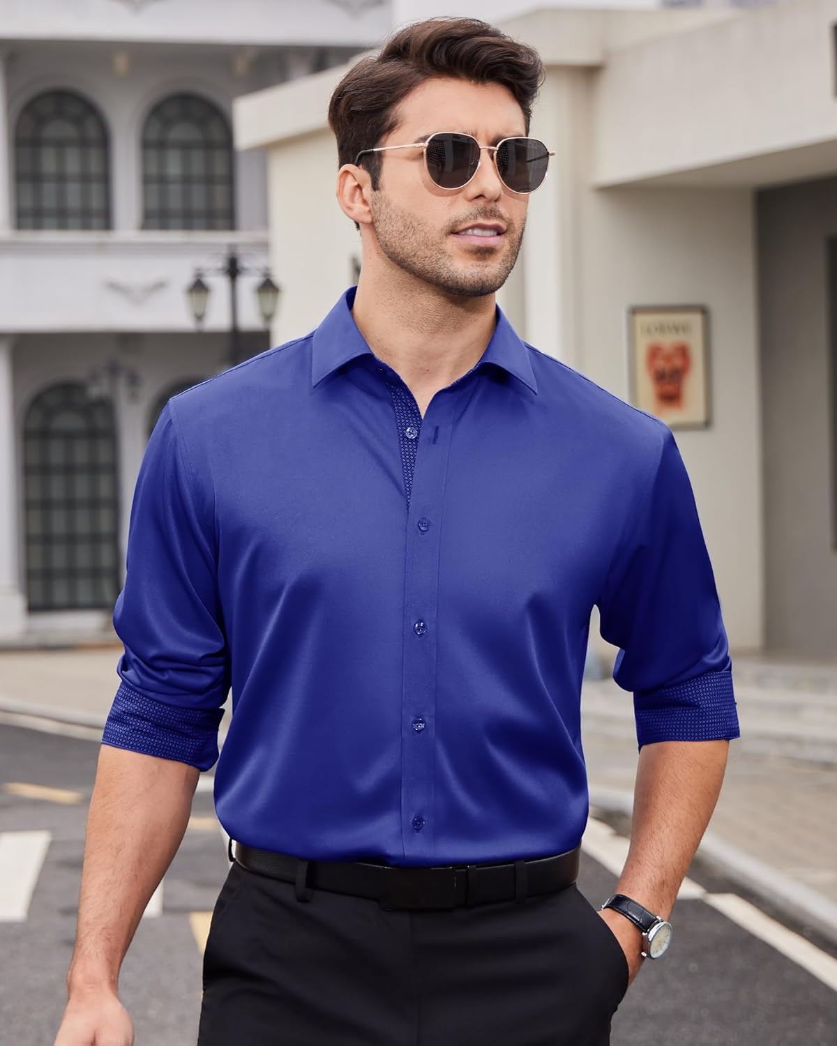 image:imageMens Dress Shirt Long Sleeve Wrinkle Free Button Down Shirt Business CasualRoyal Blue