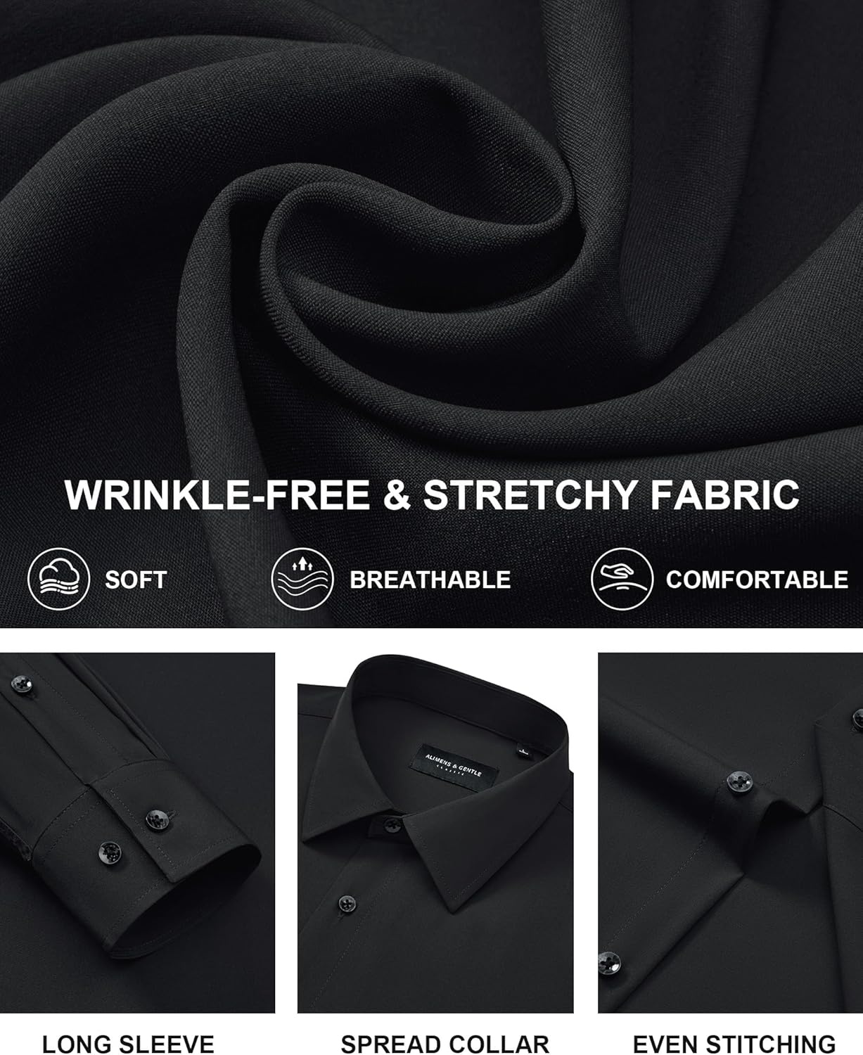 image:imageMens Dress Shirts Long Sleeve Wrinkle Free Business Button Up Shirts Non Iron Stretch Spread Collar Regular Fit for Business Casual Wedding Office Workwear Dinners Funeral Formal OccasionBlack