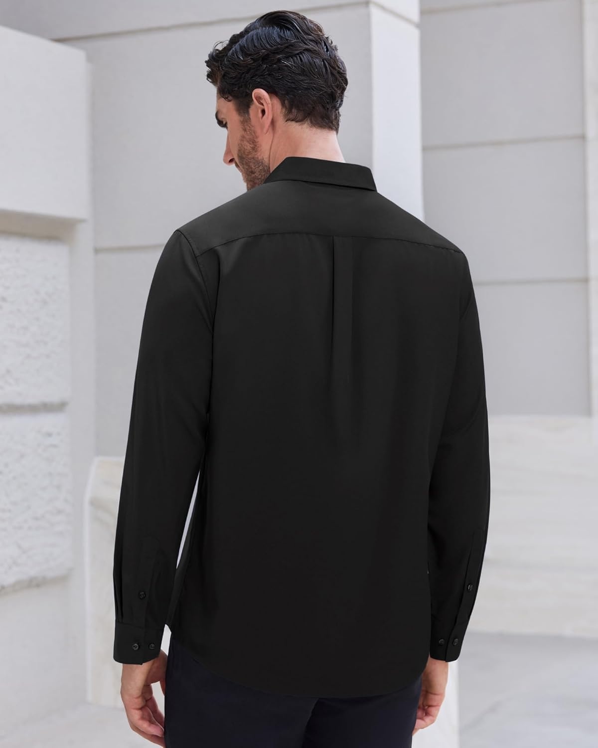 image:imageMens Dress Shirts Long Sleeve Wrinkle Free Business Button Up Shirts Non Iron Stretch Spread Collar Regular Fit for Business Casual Wedding Office Workwear Dinners Funeral Formal OccasionBlack