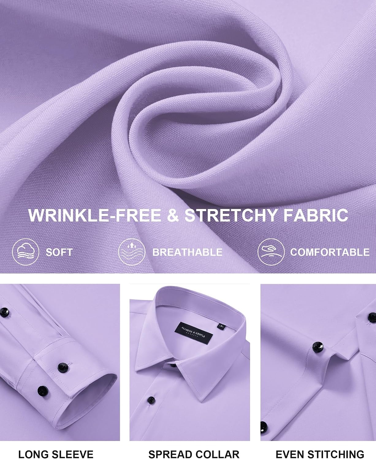 image:imageMens Dress Shirts Long Sleeve Wrinkle Free Business Button Up Shirts Non Iron Stretch Spread Collar Regular Fit for Business Casual Wedding Office Workwear Dinners Funeral Formal OccasionLavender