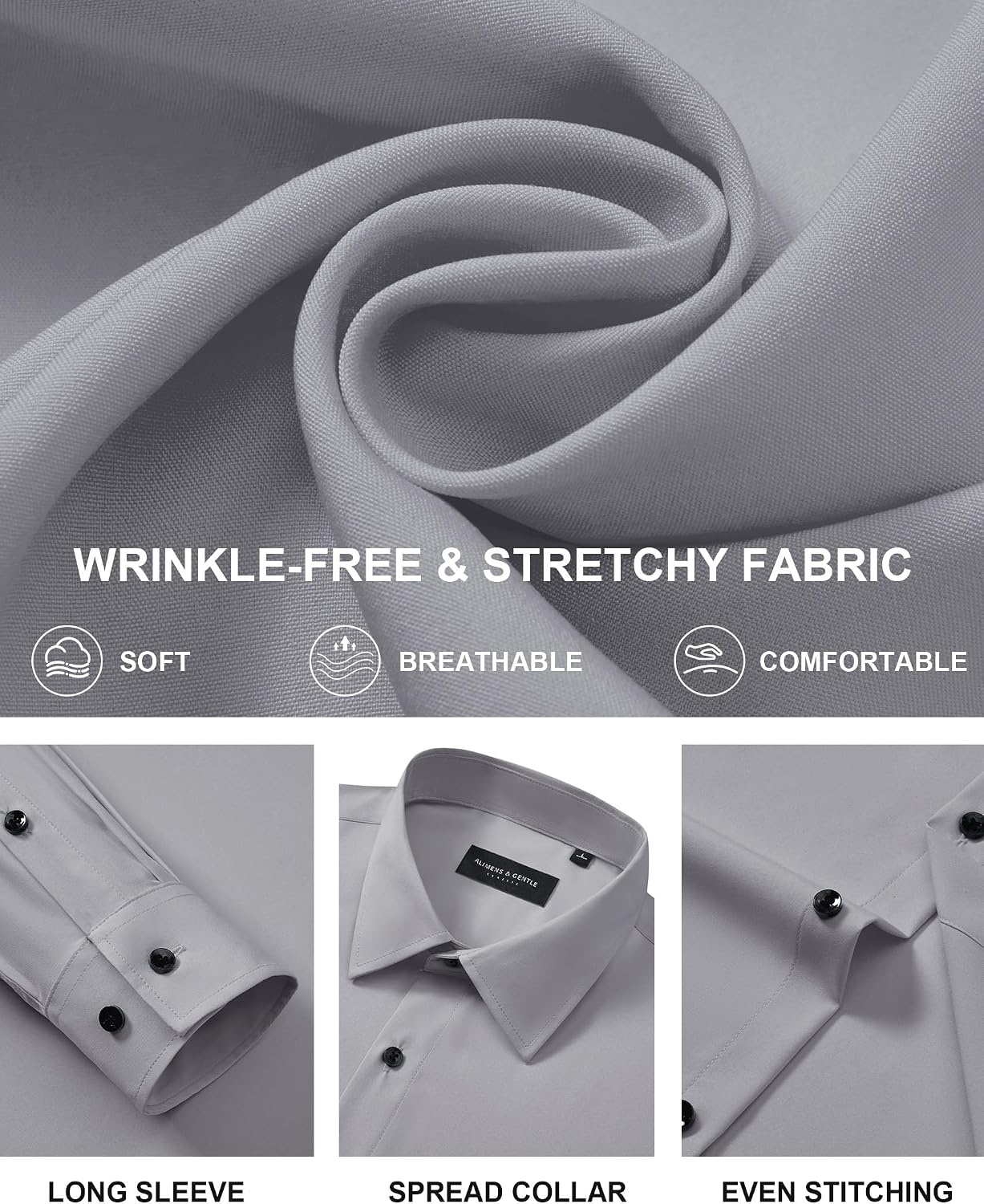 image:imageMens Dress Shirts Long Sleeve Wrinkle Free Business Button Up Shirts Non Iron Stretch Spread Collar Regular Fit for Business Casual Wedding Office Workwear Dinners Funeral Formal OccasionGrey