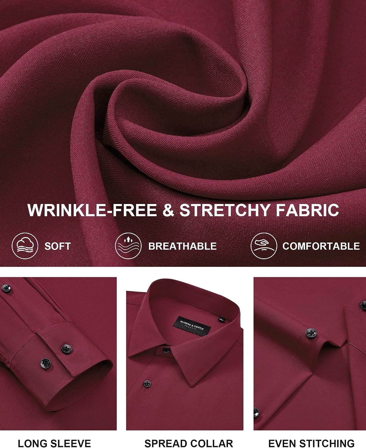 image:imageMens Dress Shirts Long Sleeve Wrinkle Free Business Button Up Shirts Non Iron Stretch Spread Collar Regular Fit for Business Casual Wedding Office Workwear Dinners Funeral Formal OccasionBurgundy