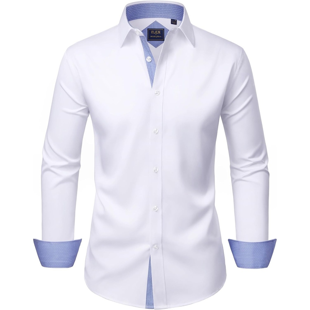 image:imageMens Dress Shirt Long Sleeve Wrinkle Free Button Down Shirt Business Casual No Iron Contrast Color Collar Cuffs Formal Casual Versatile Graduation Office Party Regular Fit Breathable No FadingWhite Blue