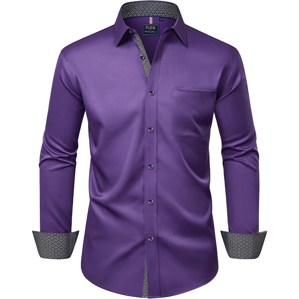 image:imageMens Dress Shirt Long Sleeve Wrinkle Free Button Down Shirt Business Casual No Iron Contrast Color Collar Cuffs Formal Casual Versatile Graduation Office Party Regular Fit Breathable No FadingPurple