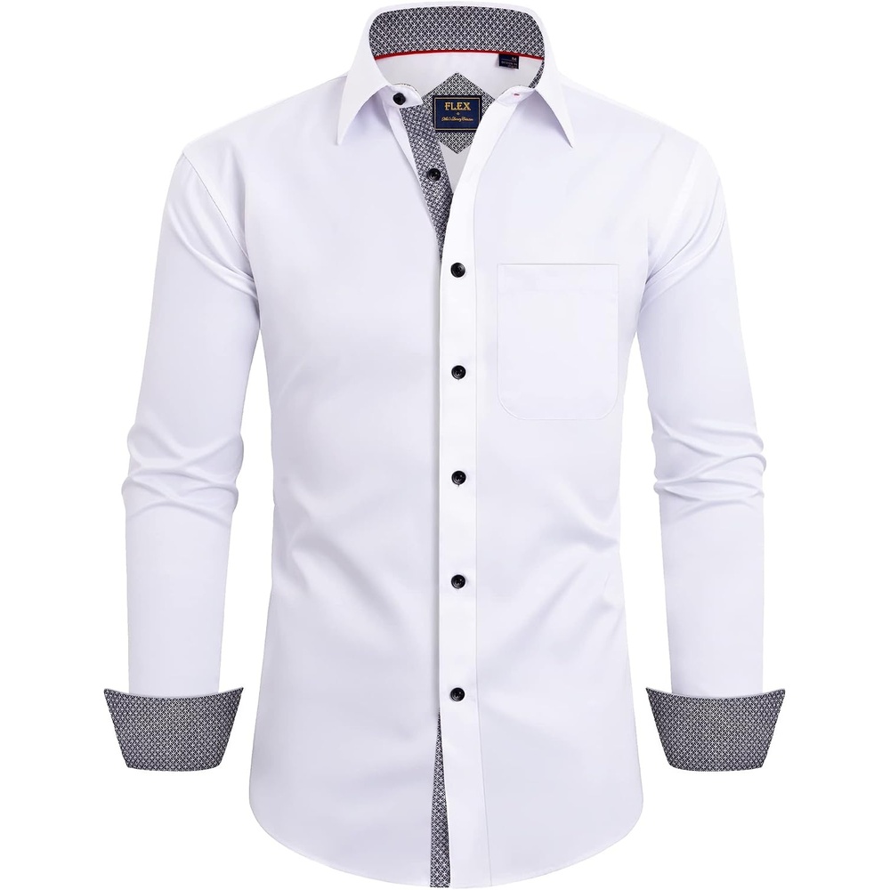 image:imageMens Dress Shirt Long Sleeve Wrinkle Free Button Down Shirt Business Casual No Iron Contrast Color Collar Cuffs Formal Casual Versatile Graduation Office Party Regular Fit Breathable No FadingWhite