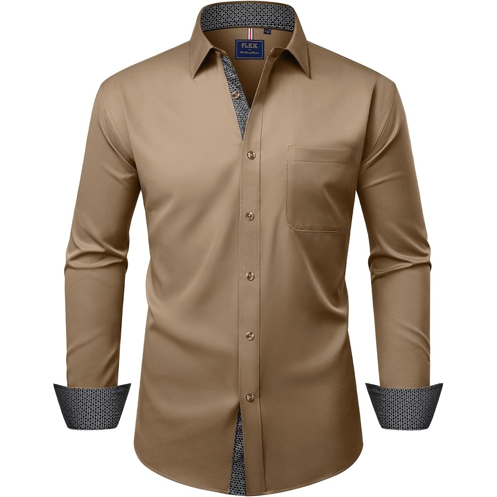 image:imageMens Dress Shirt Long Sleeve Wrinkle Free Button Down Shirt Business Casual No Iron Contrast Color Collar Cuffs Formal Casual Versatile Graduation Office Party Regular Fit Breathable No FadingCamel