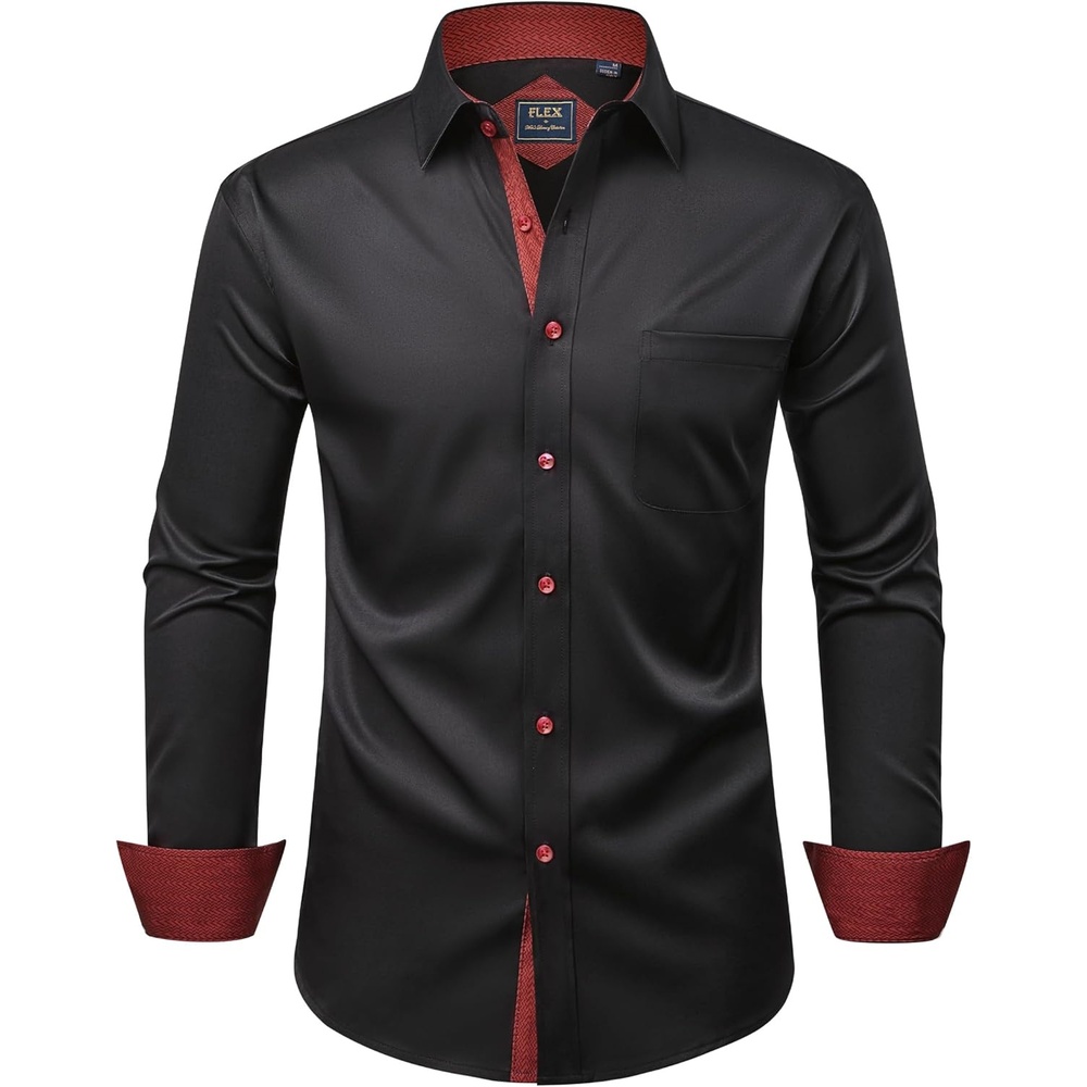 image:imageMens Dress Shirt Long Sleeve Wrinkle Free Button Down Shirt Business CasualBlack Red