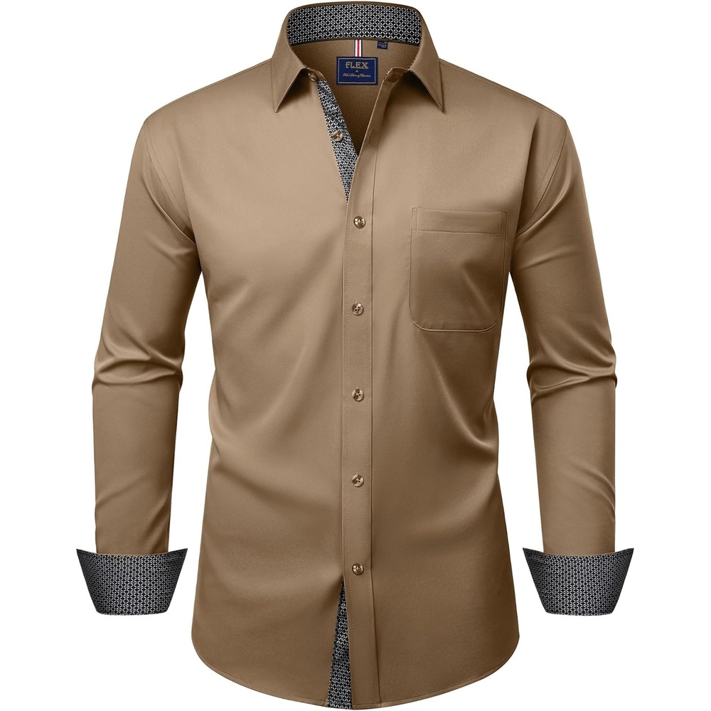 image:imageMens Dress Shirt Long Sleeve Wrinkle Free Button Down Shirt Business CasualCamel